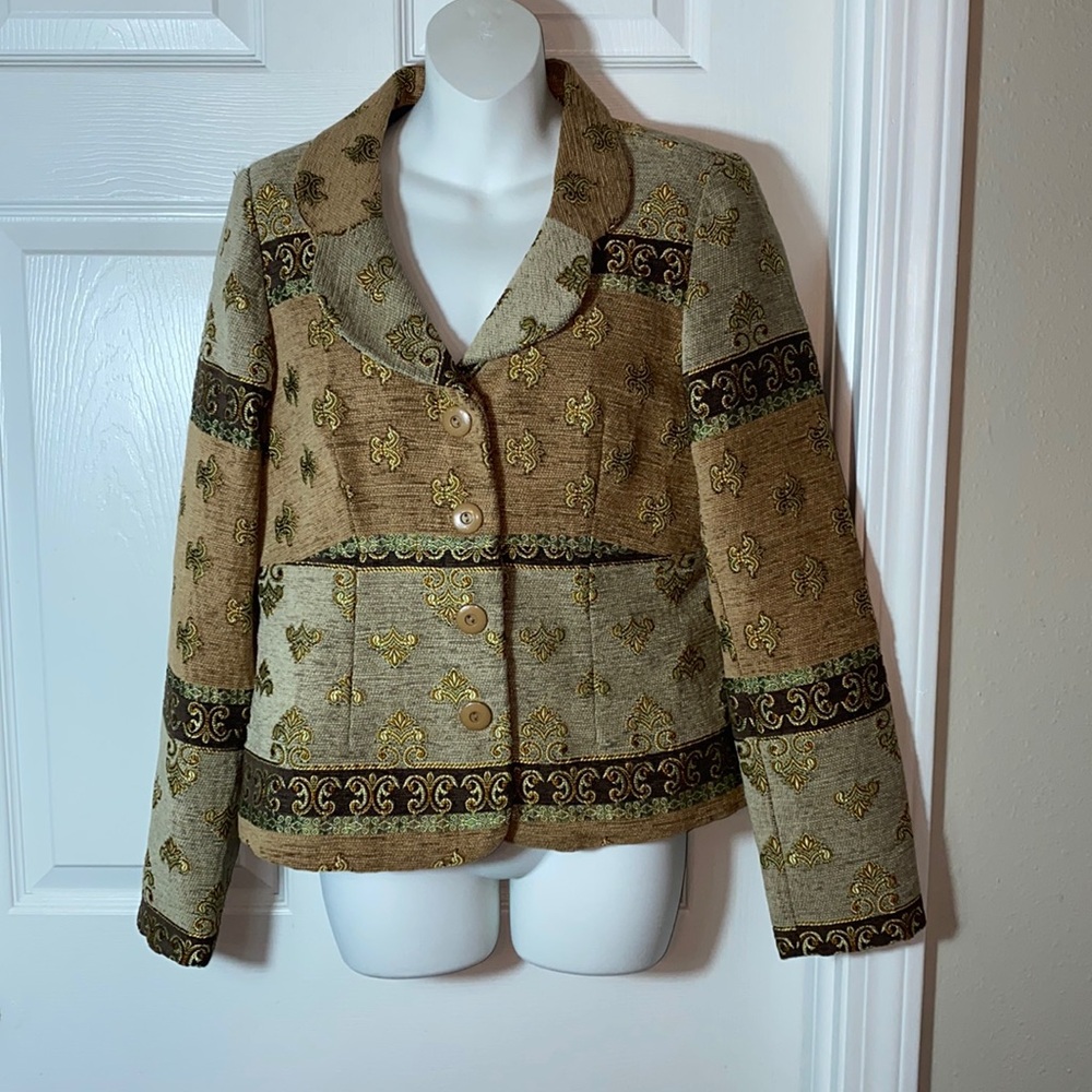 Vintage Women’s Tapestry Jacket Brown Gold Coral Patterned Size 10 Lined